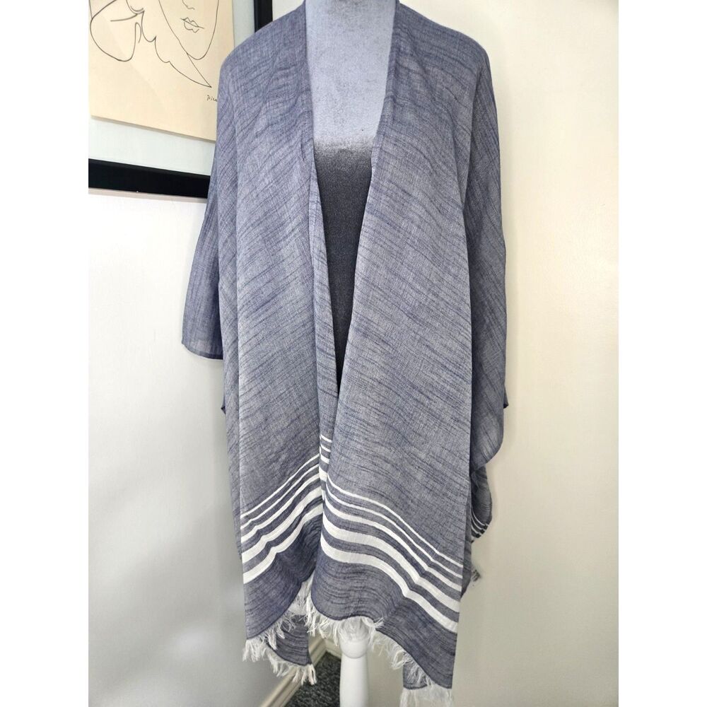 Tommy Bahama Light Blue Striped Fringe Kimono Wrap 100% Cotton – One Size/M